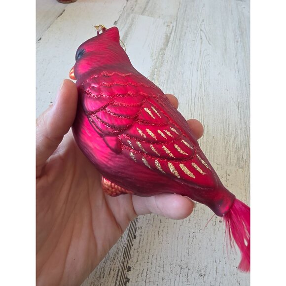 Glass red glitter cardinal feather ornament Xmas tree - Picture 3 of 9